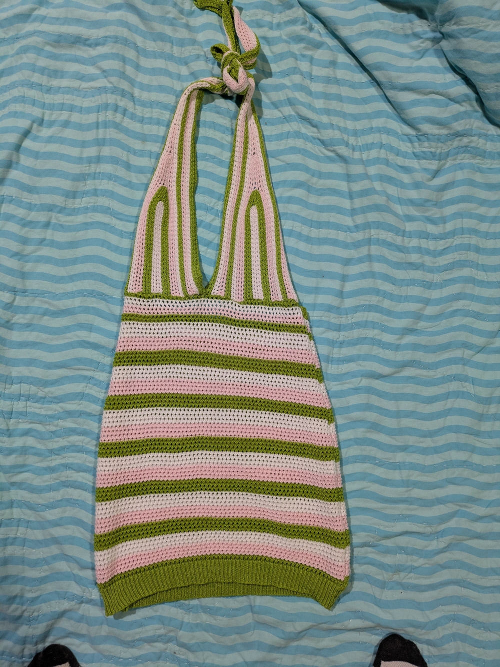 Pink and Green Striped Crochet Halter Bag